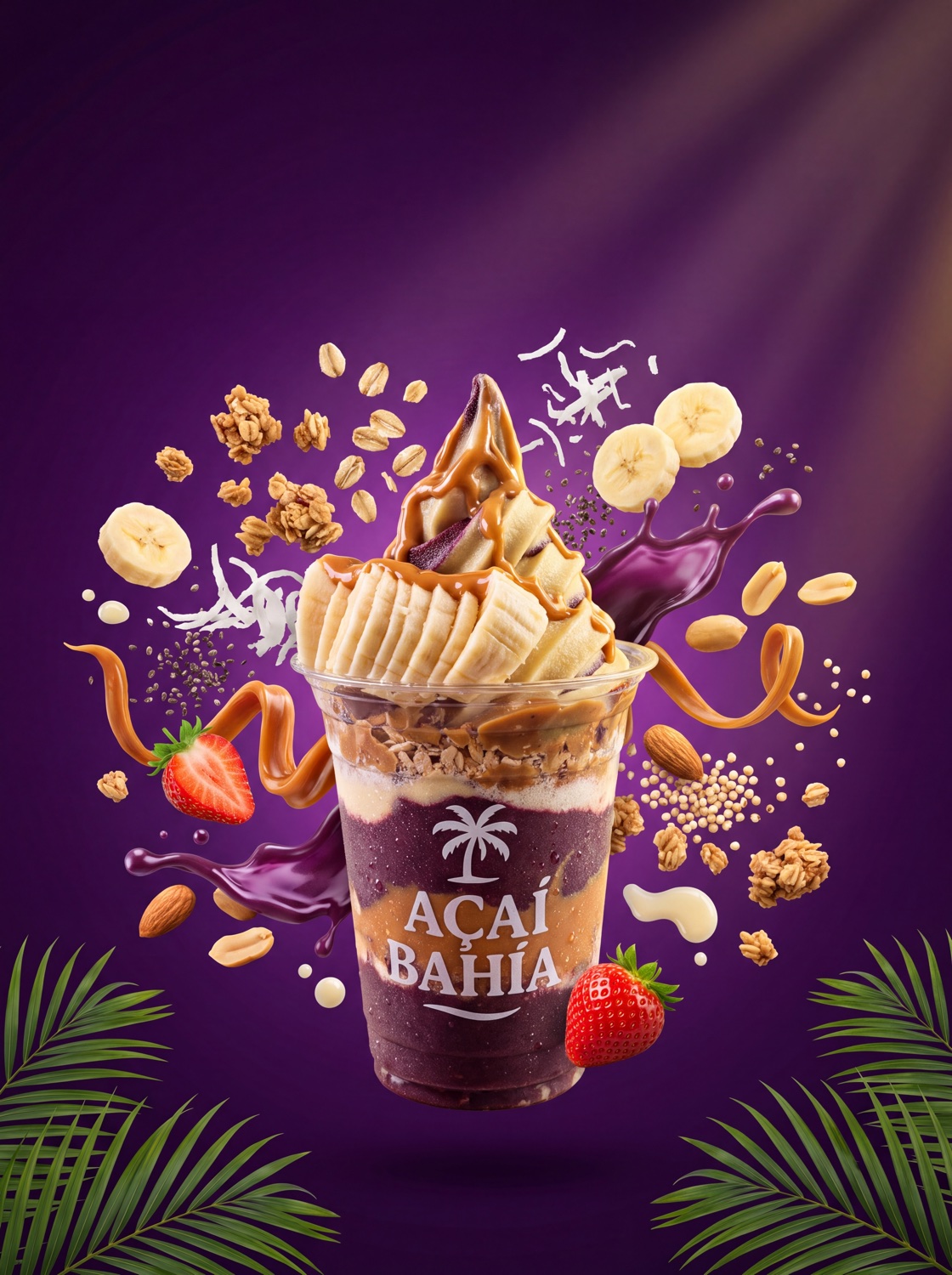 Açaí con granola, plátano, maní y frutilla cayendo alrededor del vaso