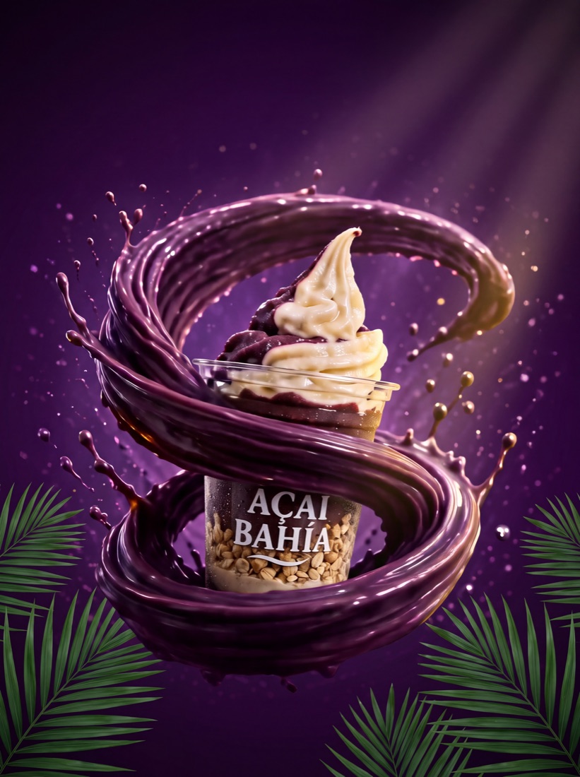 Açaí con salsa de chocolate girando alrededor del vaso